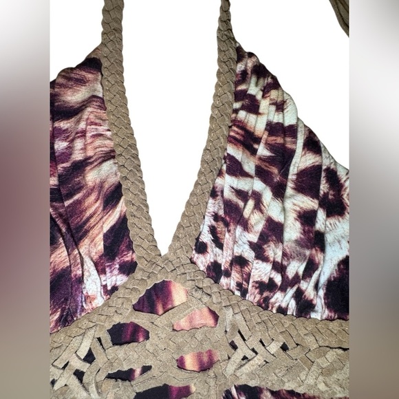 Sky Top Western Leopard Chic Leather Halter Top Strappy halter tie straps XS y2k - Picture 2 of 16